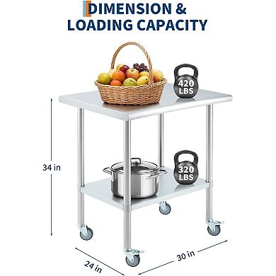 24x30 Stainless Steel Prep Table with 4 Locking Casters