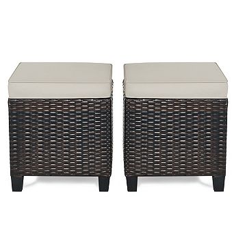 2 pc Patio Rattan Ottoman Set with Removable Cushions-Beige