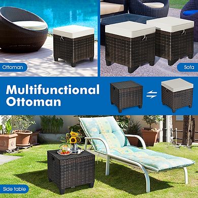 2 Pieces Patio Rattan Ottoman Set with Removable Cushions-Beige