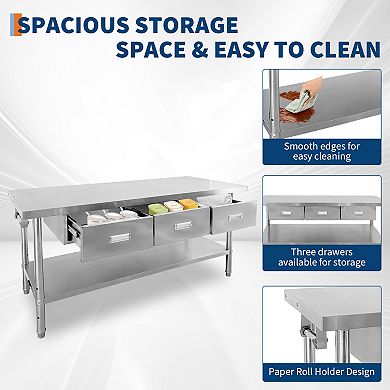 71" X 24" Stainless Steel Table with 3 Drawers
