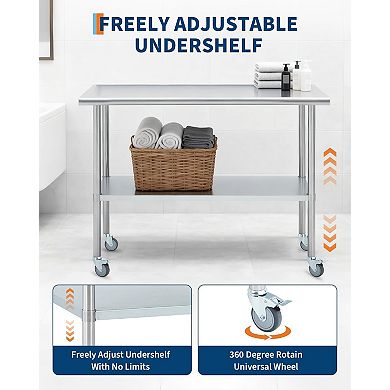 24x48 Stainless Steel Prep Table with 4 Locking Casters