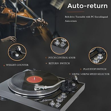 2-Speed Vinyl Record Player with Beltdrive System, Pre Amplifier, RCA Line, Auto-Return, 33/45 RPM