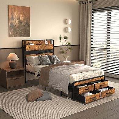 Lufeiya Twin Size Metal Platform Bed Frame with Drawers, LED Lights, Charging Station, with Outlets