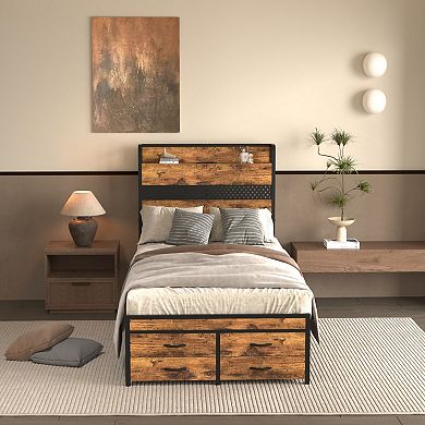 Lufeiya Twin Size Metal Platform Bed Frame with Drawers, LED Lights, Charging Station, with Outlets