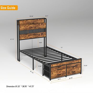 Lufeiya Twin Size Metal Platform Bed Frame with Drawers, LED Lights, Charging Station, with Outlets