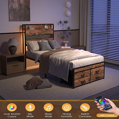 Lufeiya Twin Size Metal Platform Bed Frame with Drawers, LED Lights, Charging Station, with Outlets
