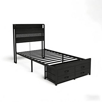 Lufeiya Twin Size Metal Platform Bed Frame with Drawers, LED Lights, Charging Station, with Outlets