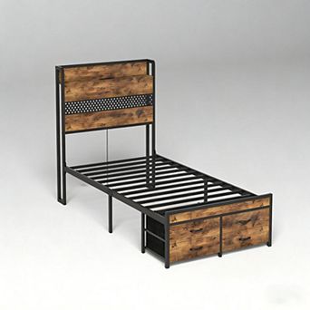 Lufeiya Twin Size Metal Platform Bed Frame with Drawers, LED Lights, Charging Station, with Outlets