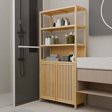 64 Inch 100% Bamboo Storage Cabinet with Double Doors and Shelves