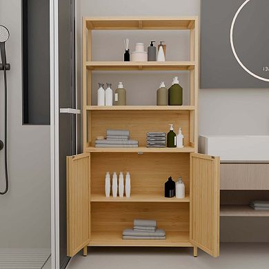 64 Inch 100% Bamboo Storage Cabinet with Double Doors and Shelves