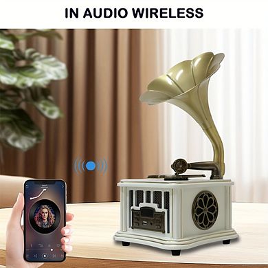 Wireless Mini Vintage Gramophone Speaker with USB/Aux Input, Dual Speaker Retro Turntable System