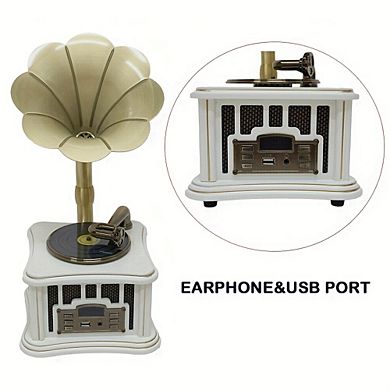 Wireless Mini Vintage Gramophone Speaker with USB/Aux Input, Dual Speaker Retro Turntable System