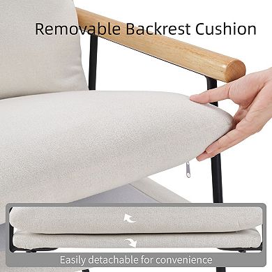 Modern Accent Chair, Comfy Chair with Removable Cushion, Vanity Chair with Wood Armrests, White