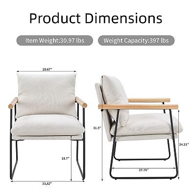 Modern Accent Chair, Comfy Chair with Removable Cushion, Vanity Chair with Wood Armrests, White