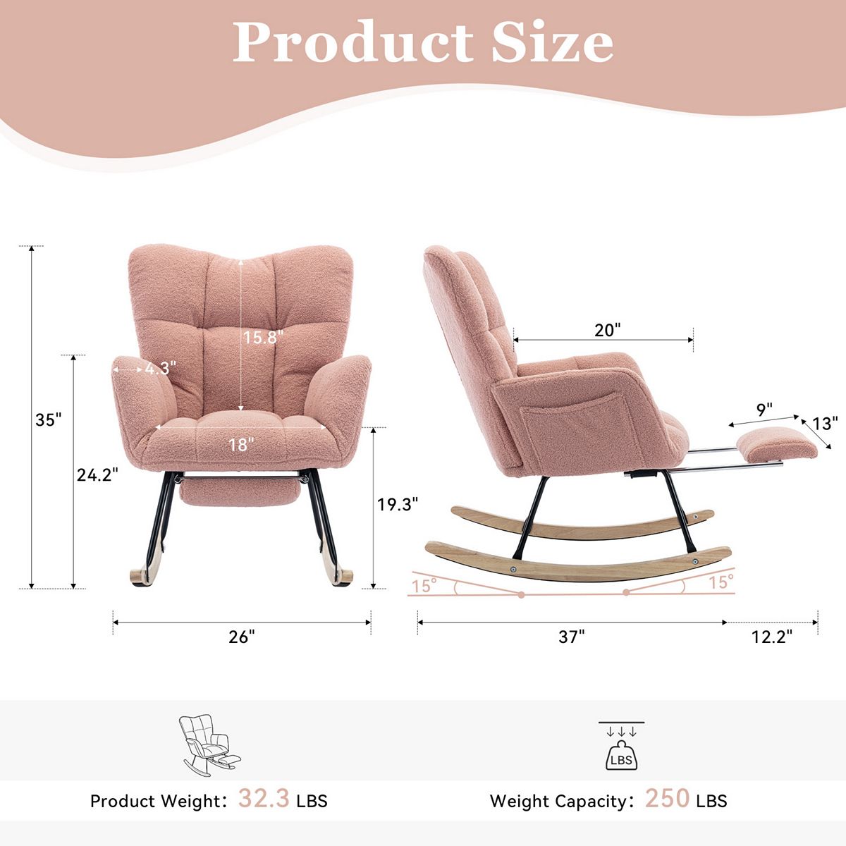 Nursery rocking chair product size measurements
