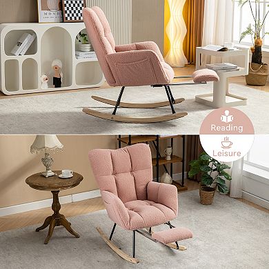 Teddy Fabric Leisure Rocking Chair With Adjustable Footstool,Nursery Rocking Chair, High Backrest