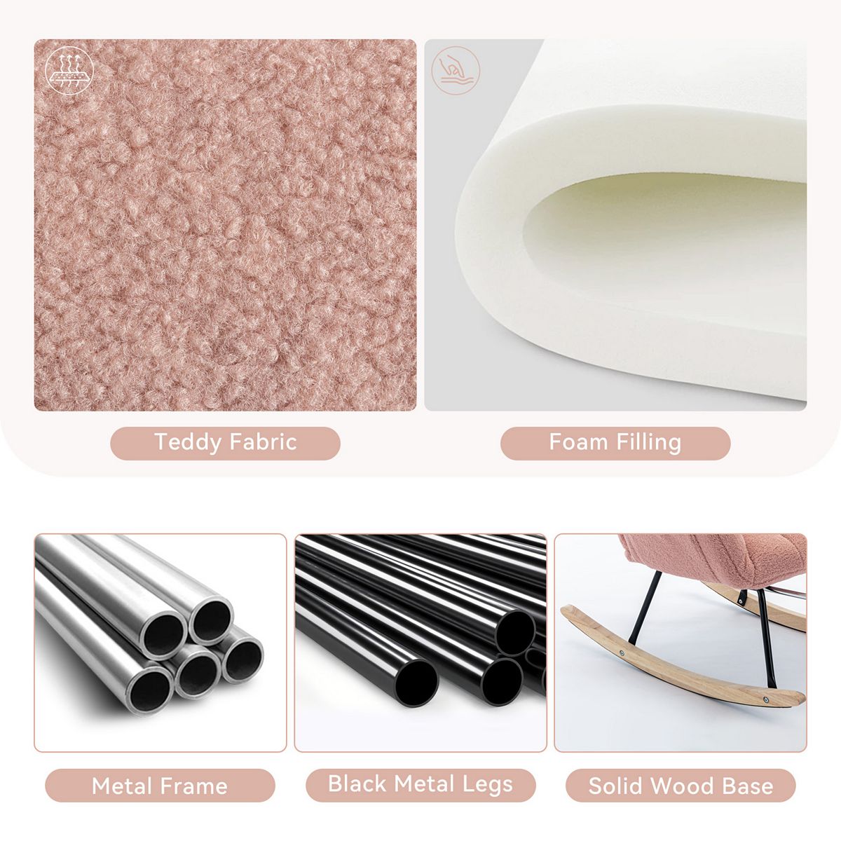 Teddy fabric rocking chair features and materials diagram