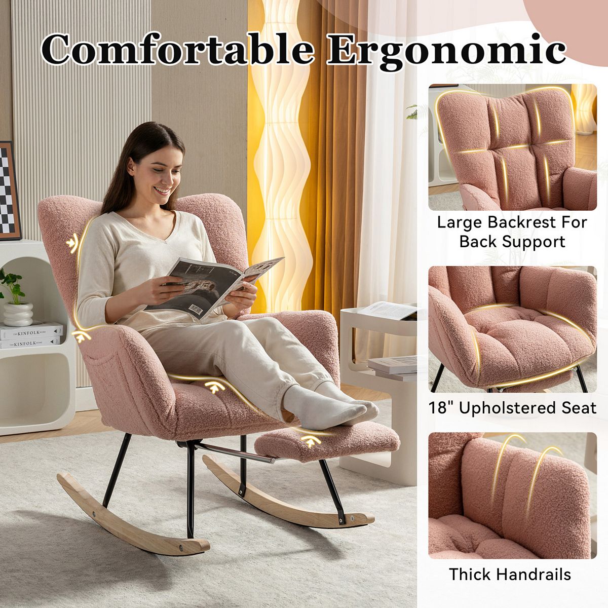 Comfortable ergonomic nursery rocking chair with thick handrails and large back support