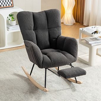 Teddy Fabric Leisure Nursery Rocking Chair With Adjustable Footstool, High Backrest,Dark Gray