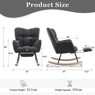 Teddy Fabric Leisure Nursery Rocking Chair With Adjustable Footstool, High Backrest,Dark Gray