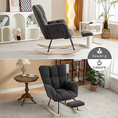 Teddy Fabric Leisure Nursery Rocking Chair With Adjustable Footstool, High Backrest,Dark Gray