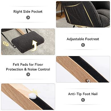 Teddy Fabric Leisure Nursery Rocking Chair With Adjustable Footstool, High Backrest,Dark Gray