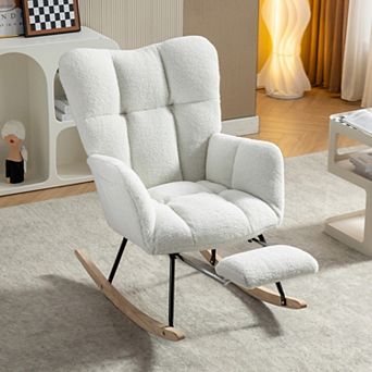 Teddy Fabric Leisure Rocking Chair With Adjustable Footstool, Storage Pocket, High Backrest,Ivory