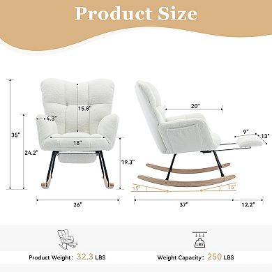 Teddy Fabric Leisure Rocking Chair With Adjustable Footstool, Storage Pocket, High Backrest,Ivory