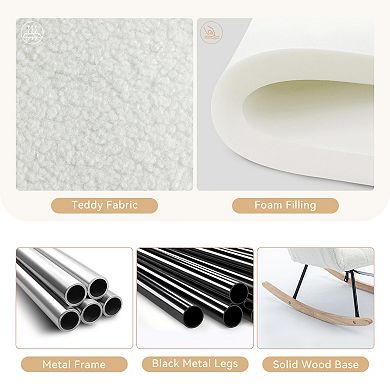 Teddy Fabric Leisure Rocking Chair With Adjustable Footstool, Storage Pocket, High Backrest,Ivory