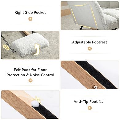Teddy Fabric Leisure Rocking Chair With Adjustable Footstool, Storage Pocket, High Backrest,Ivory