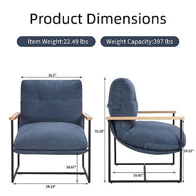 Modern Accent Chair, Comfy Chair with Removable Cushion, Vanity Chair with Wood Armrests, Blue