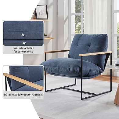 Modern Accent Chair, Comfy Chair with Removable Cushion, Vanity Chair with Wood Armrests, Blue