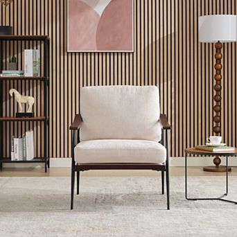 Mid Century Modern Accent Chairs,Linen Fabric Arm Chair with Wood Armrests,Upholstered Leisure,White