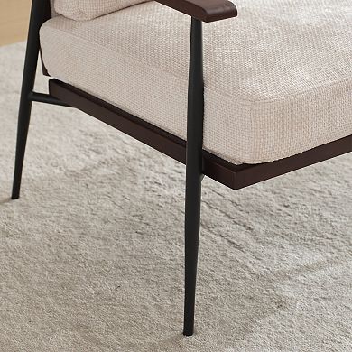 Mid Century Modern Accent Chairs,Linen Fabric Arm Chair with Wood Armrests,Upholstered Leisure,White