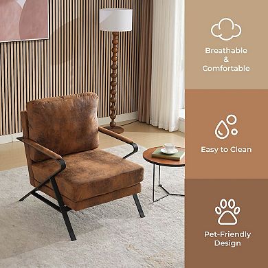 Mid-Century Modern Chair Upholstered Lounge Arm Chair with Iron Frame and Thicker Cushion, Brown