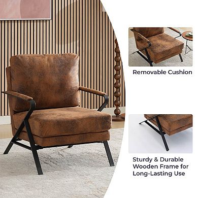Mid-Century Modern Chair Upholstered Lounge Arm Chair with Iron Frame and Thicker Cushion, Brown