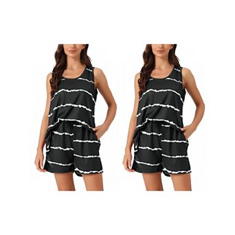 2 Sets Women's Striped Round Neck Sleeveless Shirt Shorts Pajama Set 2 pc Sleepwear