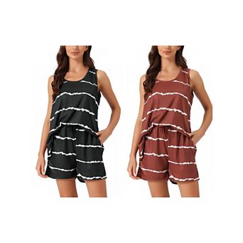 2 Sets Women's Striped Round Neck Sleeveless Shirt Shorts Pajama Set 2 pc Sleepwear