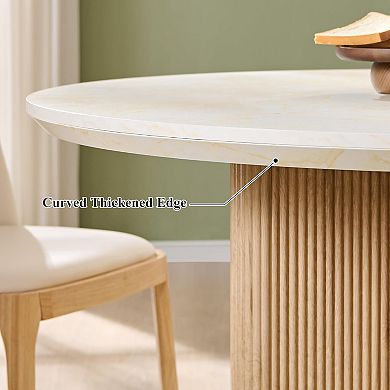 47" Fluted Round Dining Table for 4, Modern Wood Kitchen Table with Thick Edge & Pedestal Base
