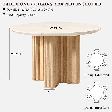 47" Fluted Round Dining Table for 4, Modern Wood Kitchen Table with Thick Edge & Pedestal Base