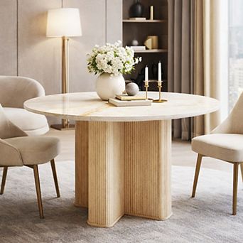 47" Fluted Round Dining Table for 4, Modern Wood Kitchen Table with Thick Edge & Pedestal Base