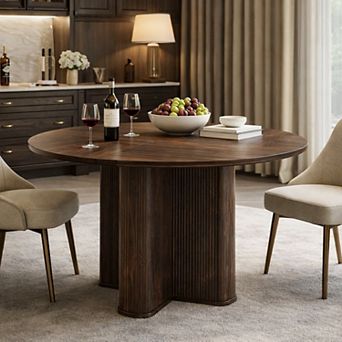 47" Fluted Round Dining Table for 4, Modern Wood Kitchen Table with Thick Edge & Pedestal Base