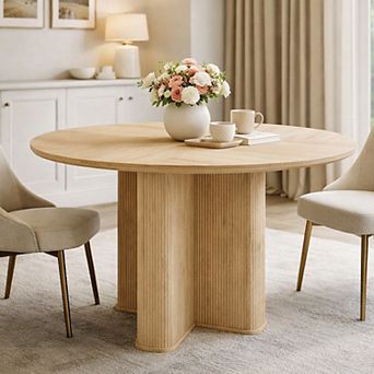47" Fluted Round Dining Table for 4, Modern Wood Kitchen Table with Thick Edge & Pedestal Base