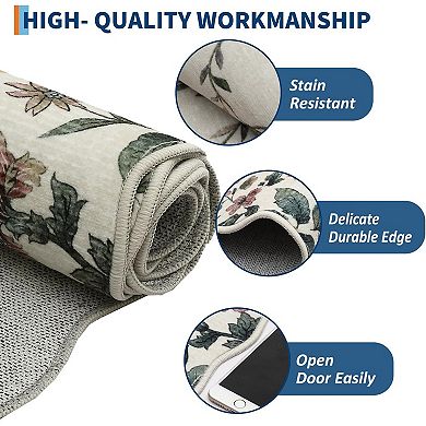 Boho Vintage Floral Rug with Irregular Edge - Non-Slip, Washable Low Pile Carpet for Entryway