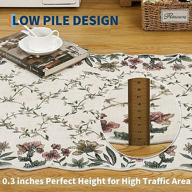 Boho Vintage Floral Rug with Irregular Edge - Non-Slip, Washable Low Pile Carpet for Entryway