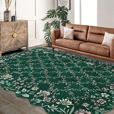 Boho Vintage Floral Rug with Irregular Edge - Non-Slip, Washable Low Pile Carpet for Entryway