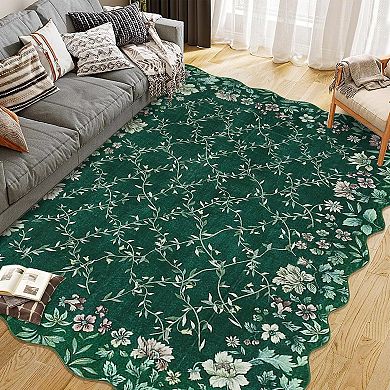Boho Vintage Floral Rug with Irregular Edge - Non-Slip, Washable Low Pile Carpet for Entryway