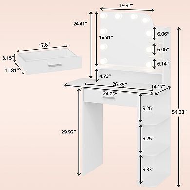 34" LED Vanity with Power, Large Drawer, Foldable Shelf & 3 Light Modes