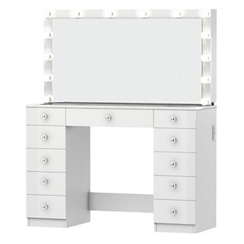 46" LED Vanity with Power, 11 Drawers, Jewelry Storage & Glass Top