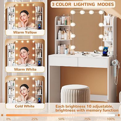 wanan Vanity Desk with Mirror and Lights 3 Colors, Girls Vanity Set with Power Outlet